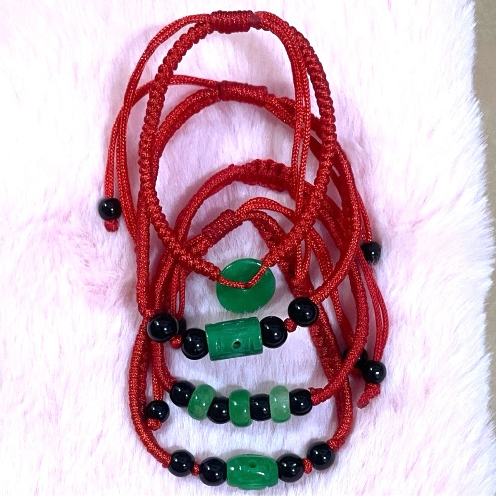 4 Natural Green Jade String Beaded Bracelet Bundle Set